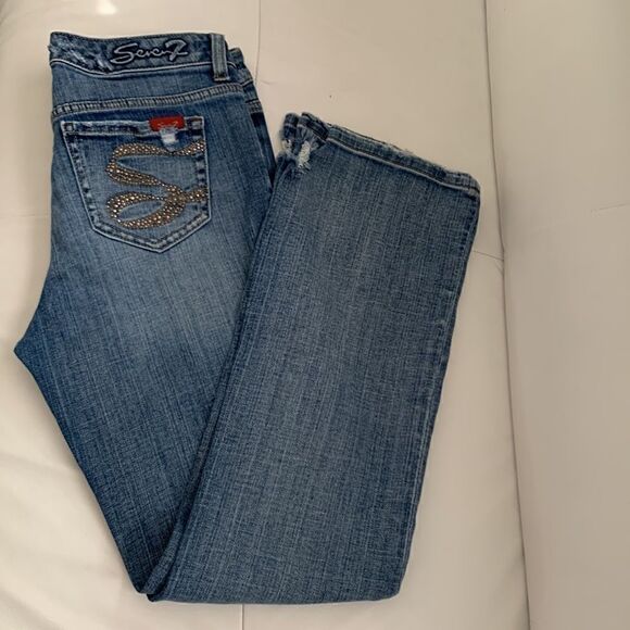 Seven 7 Distressed Embellished Denim Medium Wash Women’s Jeans Size 4P - Picture 1 of 13